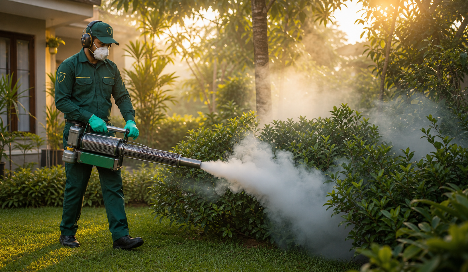 Mosquito fogging treatment in a residential garden